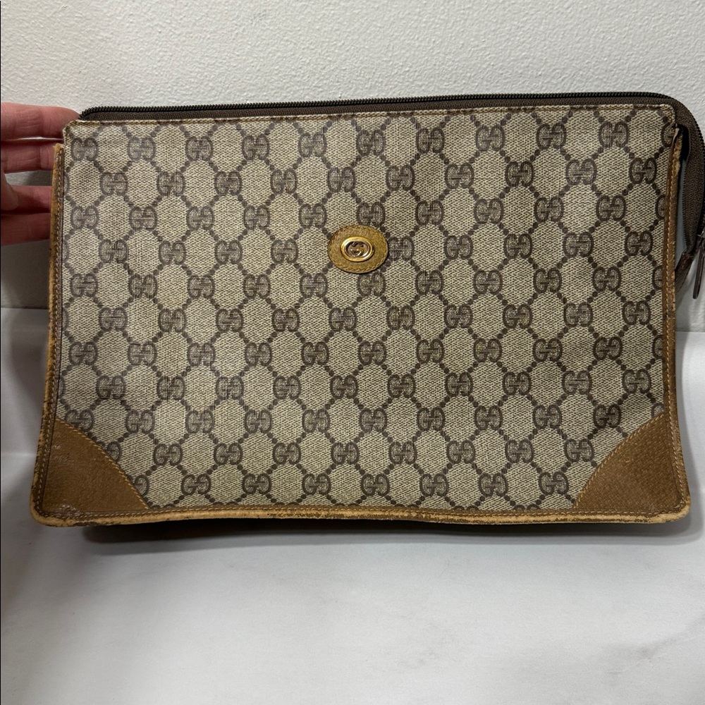 Gucci Brown Monogram Vintage Pouch with Gold-Tone Hardware